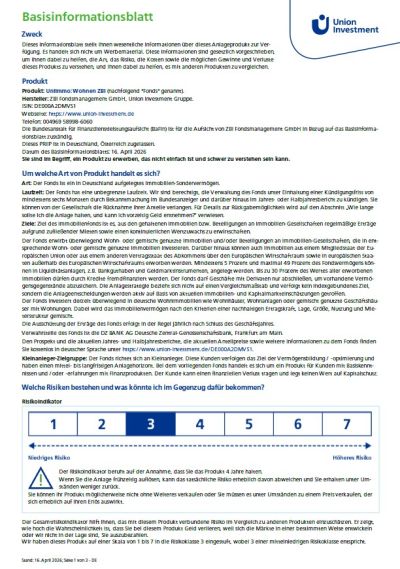 Basisinformationsblatt für den Offenen Publikumsfonds UniImmo: Wohnen ZBI zum Stand 16. April 2026