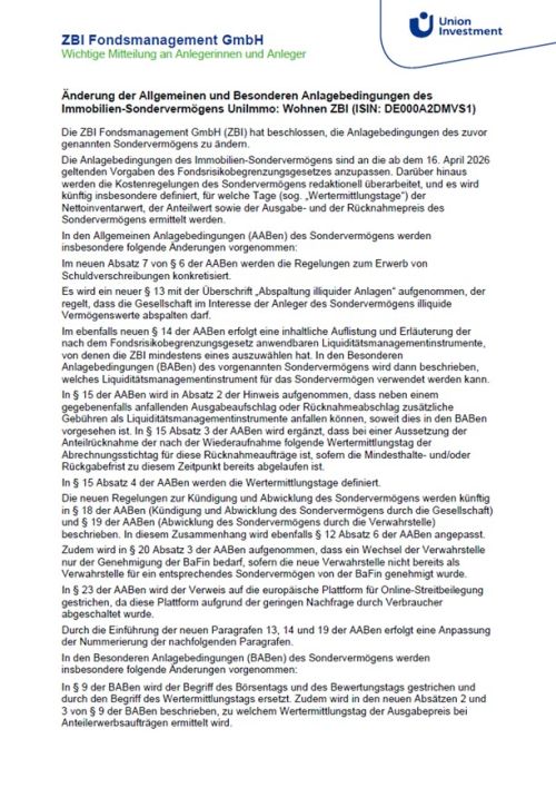 Änderung der allgemeinen und besonderen Anlagebedingungen UniImmo: Wohnen ZBI zum 16. April 2026
